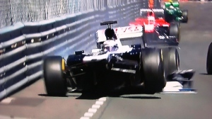 A view of Pator Maldonado's Williams after he was hit by Max Chilton, Marussia.